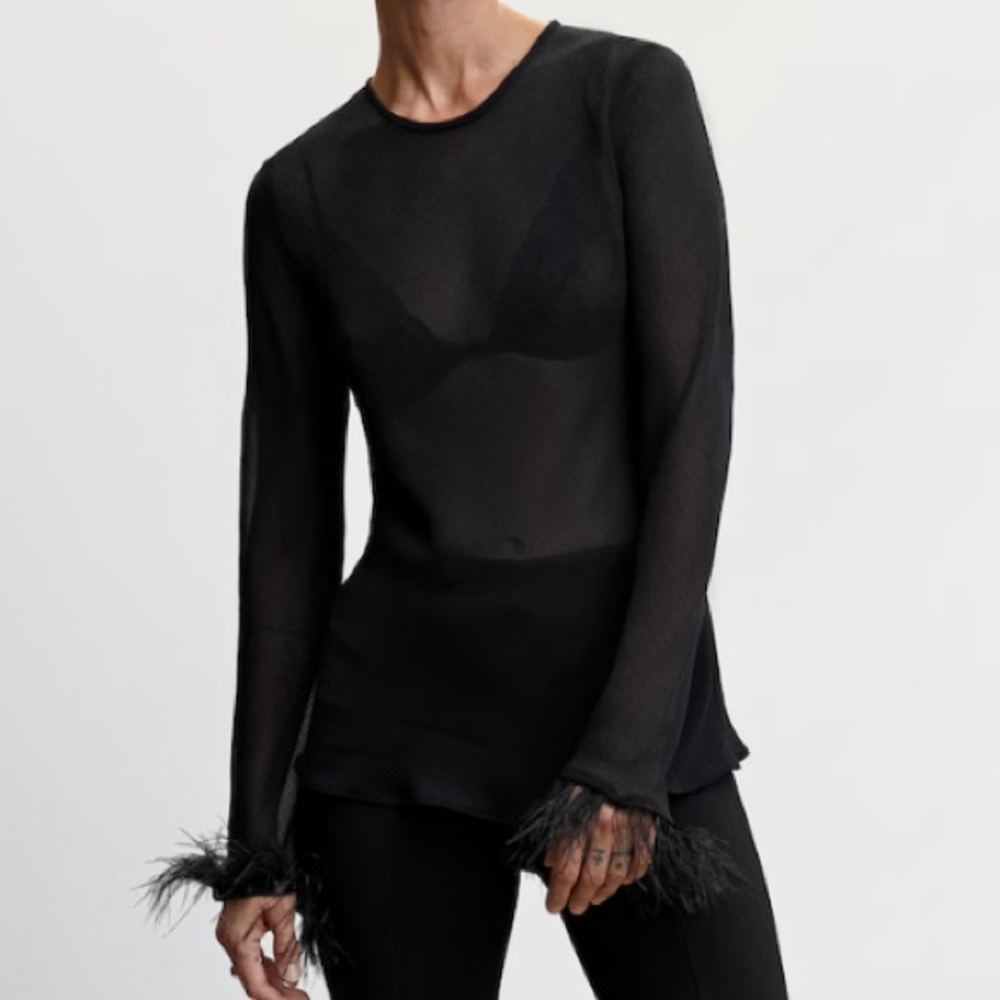 Mango Black Sheer Blouse with Feather Cuffs
